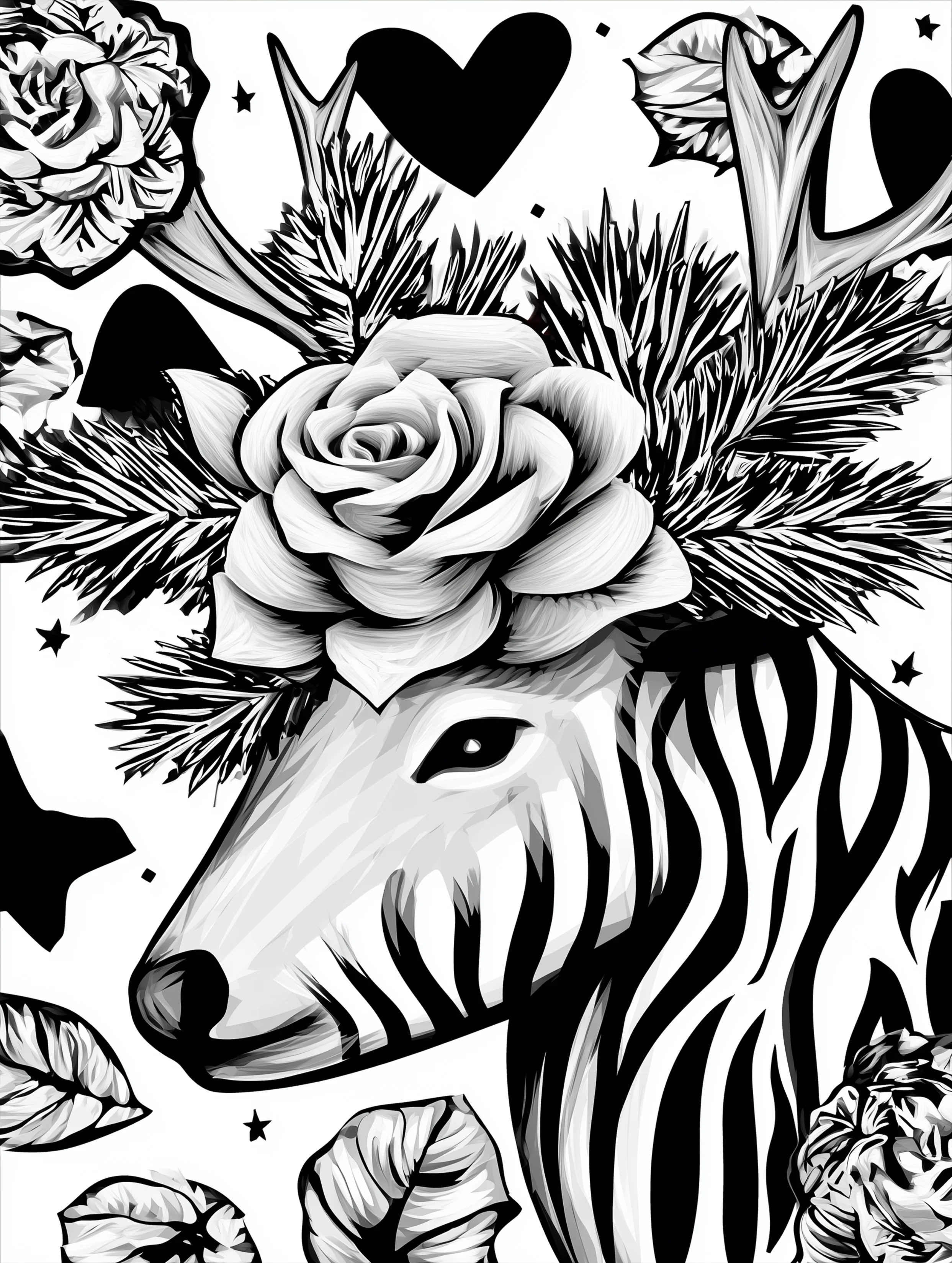 Free printable reindeer coloring page for adults featuring a reindeer with a large rose on its head